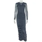Women's Trendy Solid-color V-neck Long-sleeve Dress - Black