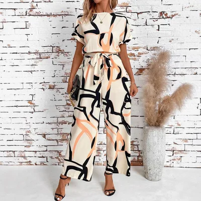 Women's Retro Waist Cinching Figure Flattering Elegant Short Sleeve Printed Jumpsuit L Color - Shop at LoveMi