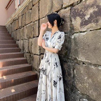 Women's Elegant Short Sleeve V Neck Midi Body Slimming Chic Commuter Dress Picture Color M - Shop at LoveMi