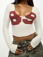 Printed Short-sleeve Slim-fit U-neck Top - White