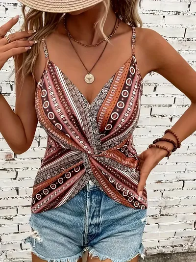 New European And American style Ethnic Retro Italian Spaghetti Chain Print Knotted Sexy V neck Camisole Brown - Shop at LoveMi