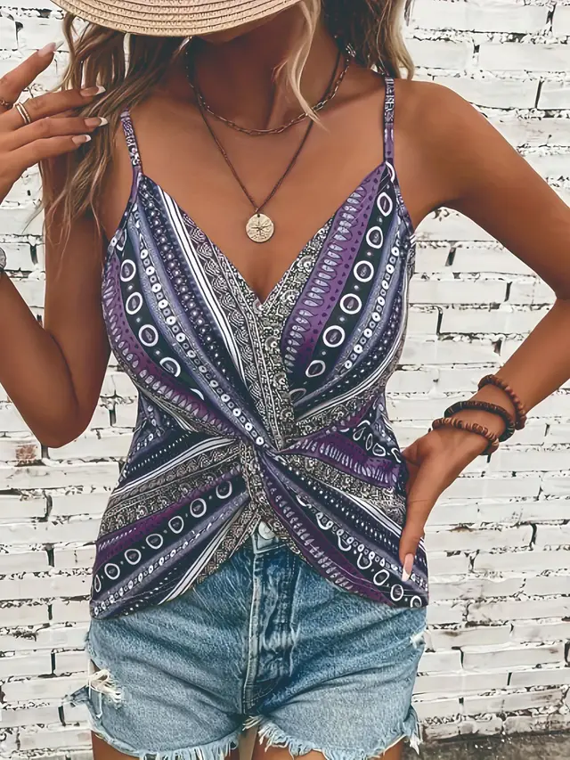 New European And American style Ethnic Retro Italian Spaghetti Chain Print Knotted Sexy V neck Camisole Purple - Shop at LoveMi