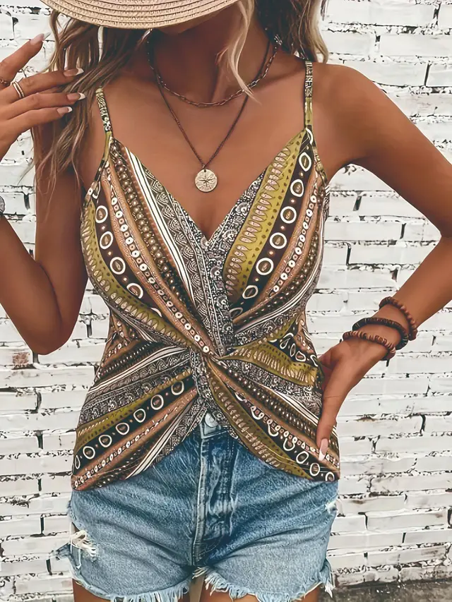 New European And American style Ethnic Retro Italian Spaghetti Chain Print Knotted Sexy V neck Camisole Yellow - Shop at LoveMi