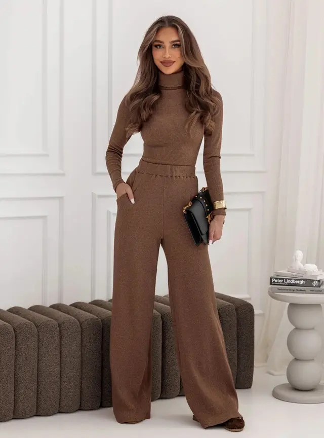 Fashionable And Elegant Set Turtleneck Knitted Pullover Wide Leg Pants Two Piece Suit Milk Coffee Color - Shop at LoveMi