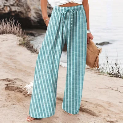 Women's Casual Loose Fit Colorful Striped Pants With Pockets And DrawstringPerfect For Spring Summer And Autumn Beach Vacations Peacock Blue - Shop at LoveMi
