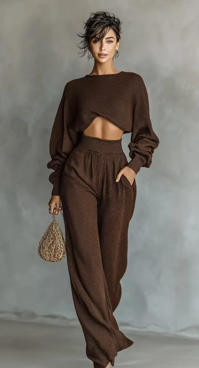 Fashionable Women's Knit Long sleeve Top And Pants Two piece Set Brown - Shop at LoveMi