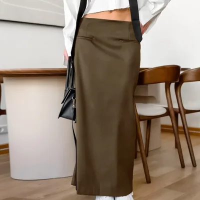 French style Sophisticated Solid color High waisted Skirt With A Slit Brown - Shop at LoveMi