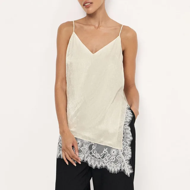 Women's V neck Lace Trimmed Patchwork Camisole Top Apricot - Shop at LoveMi