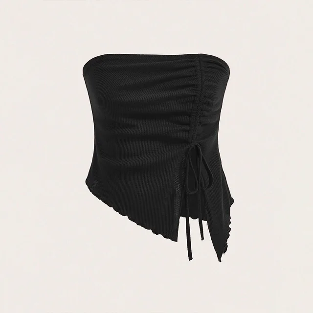 Women's Summer Drawstring Slit Asymmetrical Waffle Texture Slim fit Tube Top Bustier Black - Shop at LoveMi