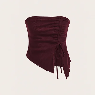 Women's Summer Drawstring Slit Asymmetrical Waffle Texture Slim fit Tube Top Bustier Wine Red - Shop at LoveMi