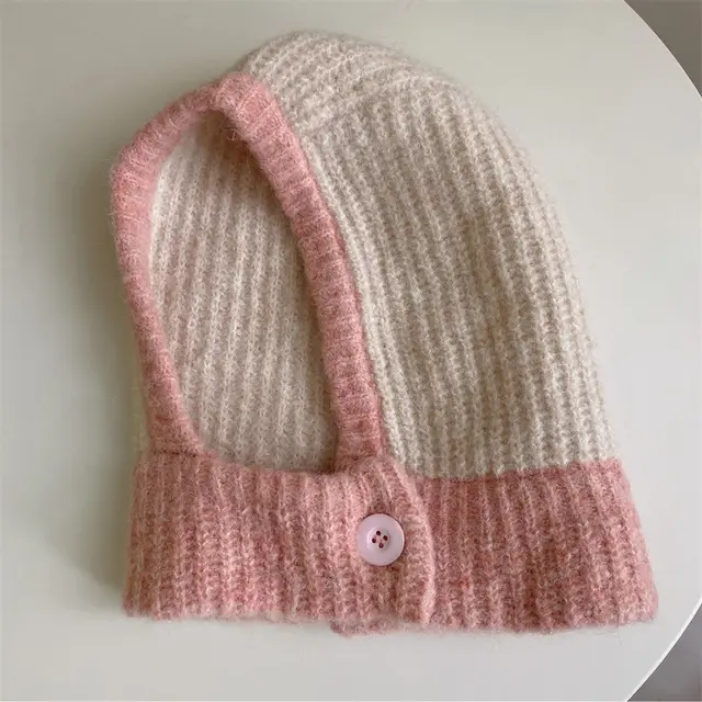 One piece Knitted Balaclava With Built in Neck Warmer And Ear Protection Beige Pink - Shop at LoveMi