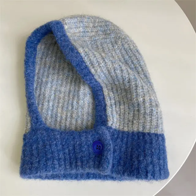 One piece Knitted Balaclava With Built in Neck Warmer And Ear Protection Blue Gray - Shop at LoveMi