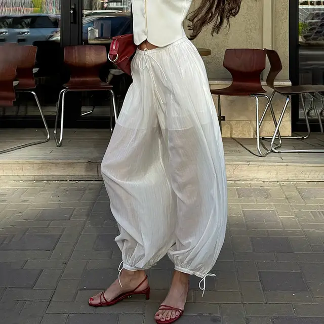Lace up Ankle cinching Semi sheer Trousers Stripes - Shop at LoveMi