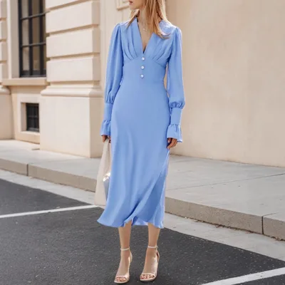 Elegant A line Dress With A Commuter friendly Vibe Pleated Design Deep V neck Button Detailing Cinched Waist And Chic Lantern Sleeves Sapphire Blue - Shop at LoveMi