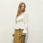 U-neck Puffed-sleeve Pullover Shirt - Beige