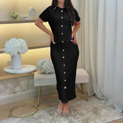 Elegant And Sophisticated Buttoned Short Sleeve Sheath Dress For Women Black - Shop at LoveMi