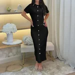 Elegant And Sophisticated Buttoned Short-Sleeve Sheath Dress For Women - Black