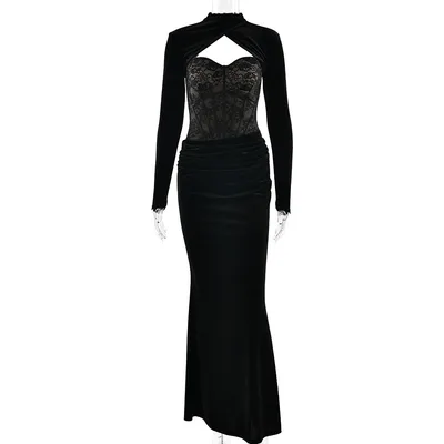 New Lace Fishbone Low Cut Long Dress, Sexy Bodycon Backless Waistcoat With Long Sleeves Black - Shop at LoveMi