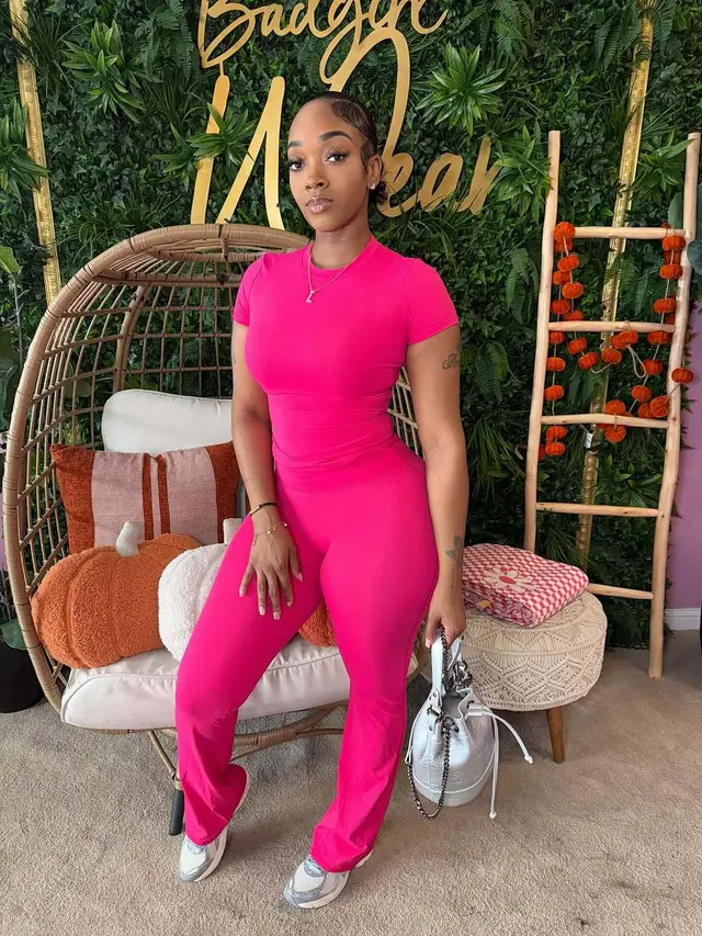 Fashionable Solid Color Slim Fit Stretchy Versatile Short Sleeve Top And Pants Set Rose Red - Shop at LoveMi