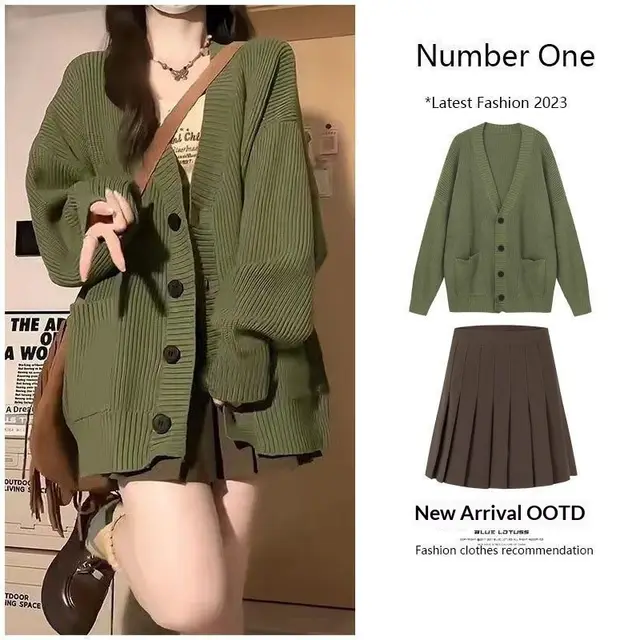 Women's Sweater Jacket And Retro Pleated Skirt Two Piece Set Green - Shop at LoveMi