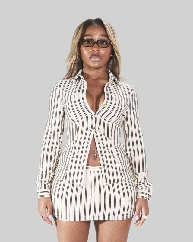 Fashionable Retro Color Block Striped Long Sleeve Top And Skirt Set White - Shop at LoveMi