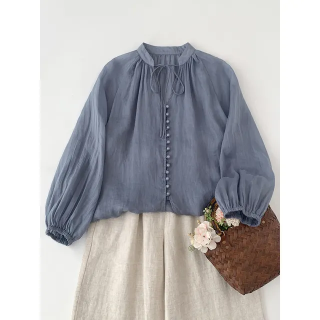 Women's Loose Cotton And Linen Single Row Button Tied Shirt Blue Color Difference - Shop at LoveMi