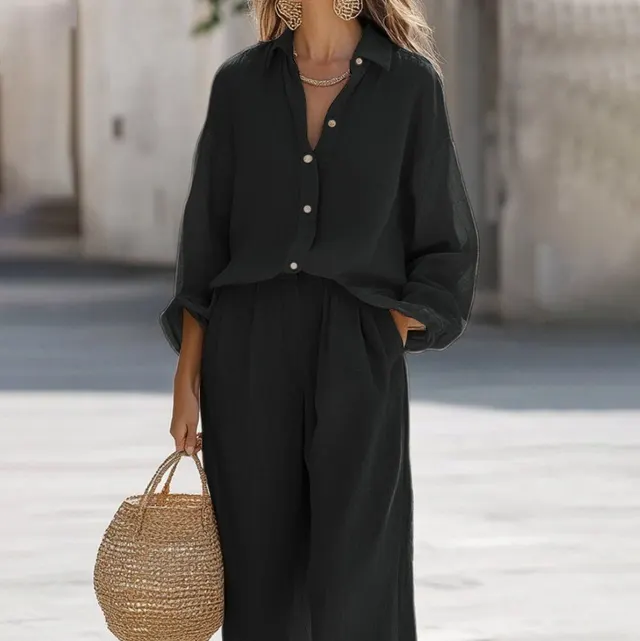 Women's Casual Lapel Long sleeve Shirt And Trousers Set Black - Shop at LoveMi