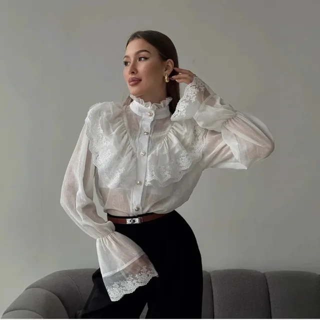 Stand collar Chiffon Top With A Fashionable Design And Ruffled Hem White - Shop at LoveMi