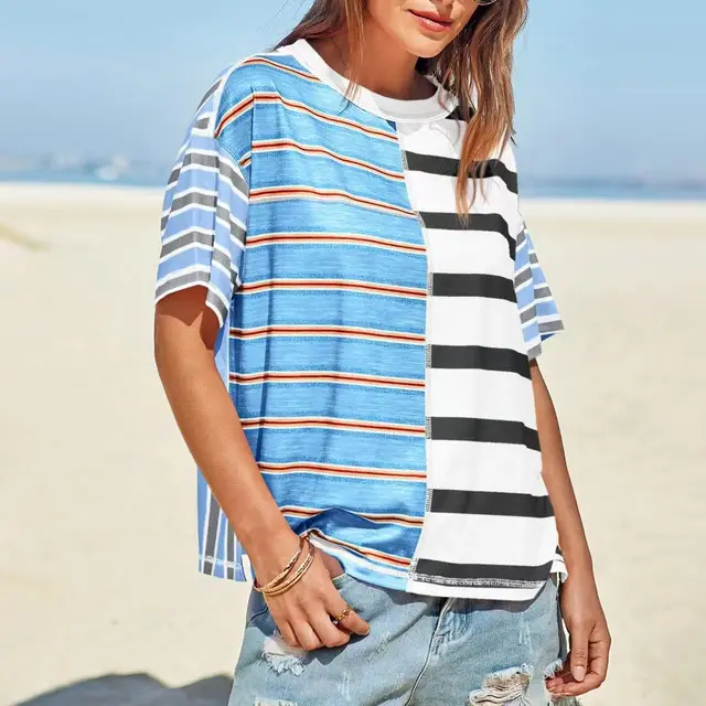 Women's Striped Casual Loose fitting Short sleeve Shirt Style 6 - Shop at LoveMi