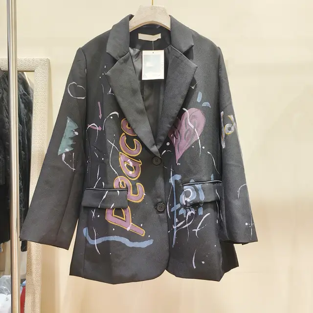 Rare And Eye catching Colorful Letter Graffiti print Loose fitting Jacket Black - Shop at LoveMi