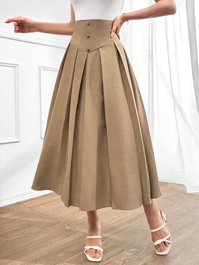 Retro Khaki colored French style Draped Maxi Skirt Red - Shop at LoveMi