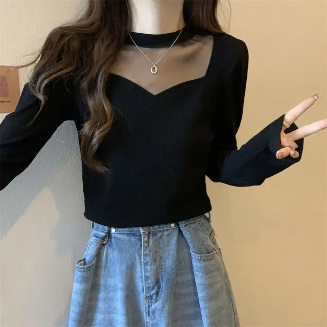 AutumnWinter Thin Mesh Knitted Solid color Women's Top With Tummy Contouring Design Black - Shop at LoveMi