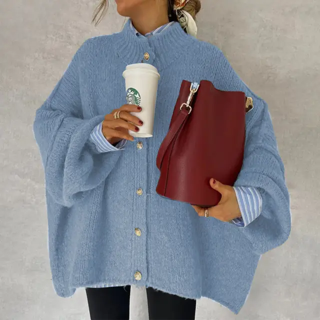 Autumn Winter Solid Color Casual Knitted Cardigan With Buttons And Oversized Sleeves Blue - Shop at LoveMi