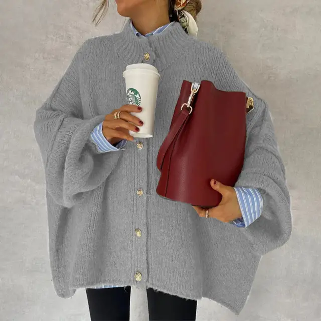 Autumn Winter Solid Color Casual Knitted Cardigan With Buttons And Oversized Sleeves Gray - Shop at LoveMi