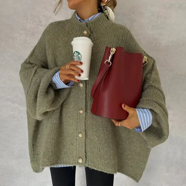 Autumn Winter Solid Color Casual Knitted Cardigan With Buttons And Oversized Sleeves Green - Shop at LoveMi