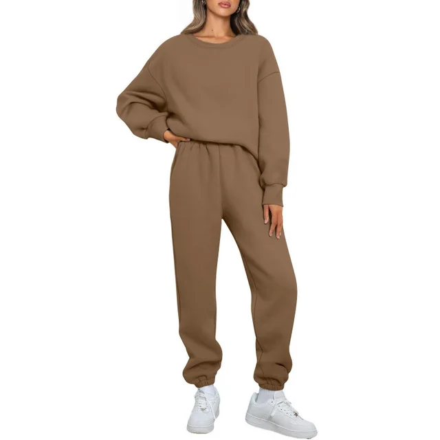 Winter Solid color Fashionable Crew neck Pullover With Fleece Lining Brown - Shop at LoveMi