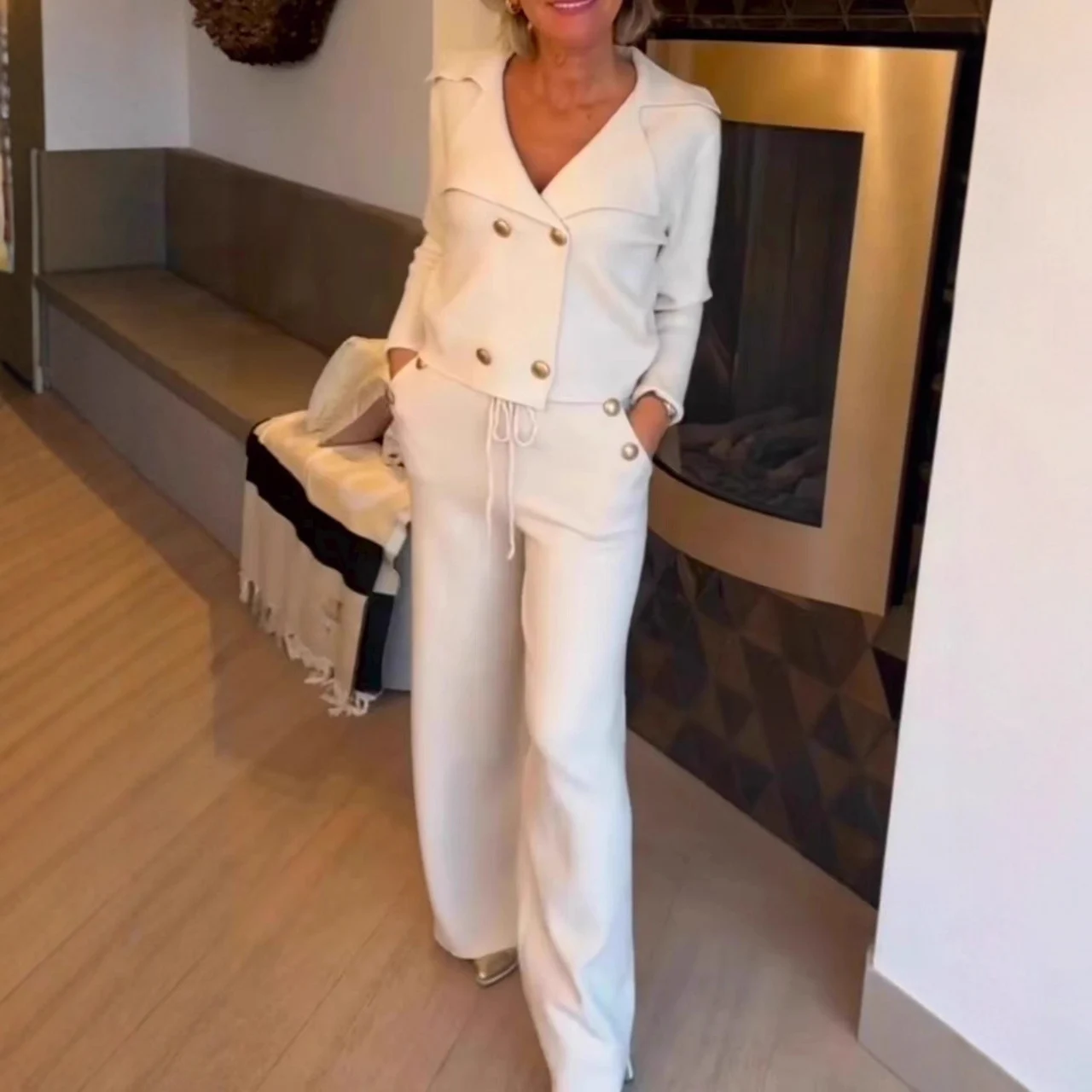 Women's Collar Button Solid Color Professional Suit - White