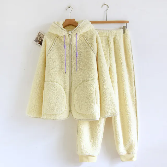 Corduroy Solid Color Casual Loose Fitting Set Flannel Hooded Padded Loungewear Milky Yellow - Shop at LoveMi