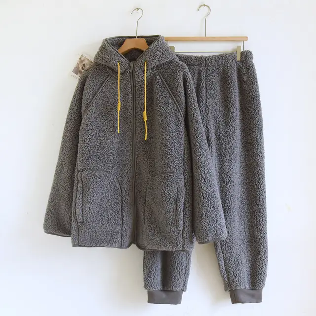 Corduroy Solid Color Casual Loose Fitting Set Flannel Hooded Padded Loungewear Smoky Gray - Shop at LoveMi