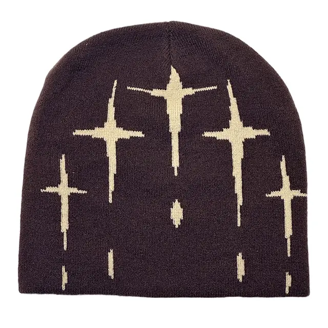 Starry Y2K Trendy Retro Knit Unisex Cross Knit Cap Brown - Shop at LoveMi