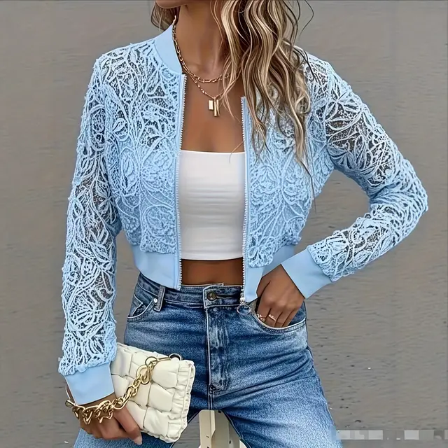 Women's Solid Color Fashionable Short Lace Jacket With Zipper Light Blue - Shop at LoveMi