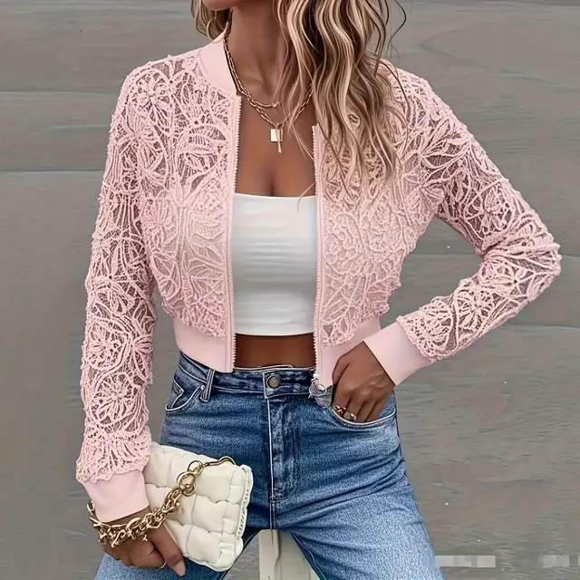 Women's Solid Color Fashionable Short Lace Jacket With Zipper Pink - Shop at LoveMi