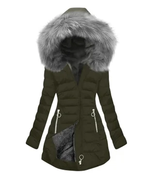 Women's Thick Cotton Coat With A Large Fur Collar - Army Green
