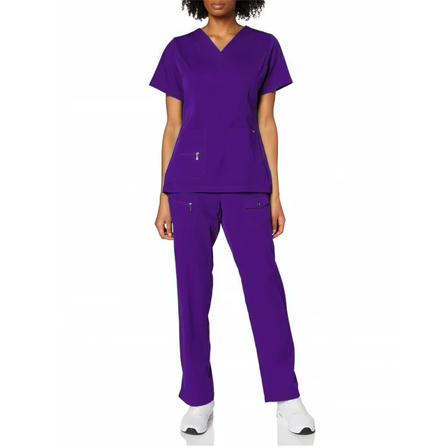V neck Scrub Tops For Medical Staff And Beauty Salon Professionals Short sleeve Scrub Sets For Operating Rooms 82021 Dark Purple Suit - Shop at LoveMi