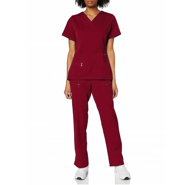V neck Scrub Tops For Medical Staff And Beauty Salon Professionals Short sleeve Scrub Sets For Operating Rooms 82021 Wine Red Suit - Shop at LoveMi
