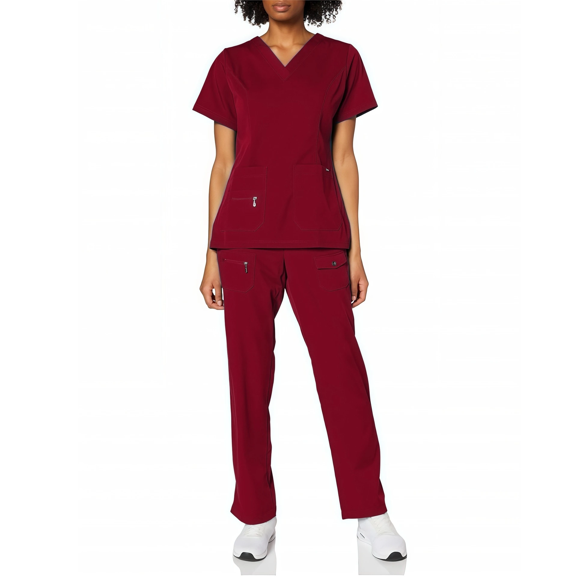 V-neck Scrub Tops For Medical Staff And Beauty Salon Professionals Short-sleeve Scrub Sets For Operating Rooms - 82021 Wine Red Suit
