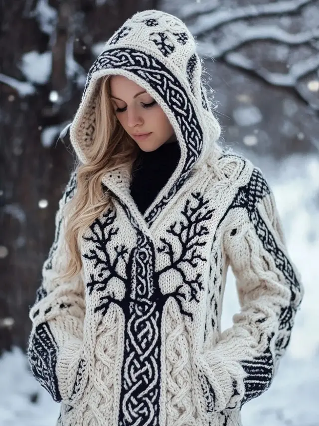 Women's Skin friendly, Anti pilling Knitted Cardigan With A Round Neckline, Loose Fit, And Long Length Blackwhite - Shop at LoveMi