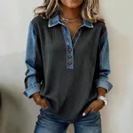 New AutumnWinter European And American Style Denim Patchwork Turn-Down Collar Loose Ribbed Sweater - Blue