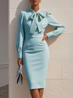 Autumn Fashion Elegant Solid-Color Waist-Cinching Dress With Bow Accent - Blue