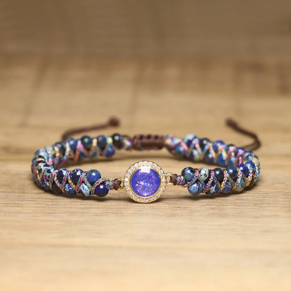 Retro Opal Natural Stone Bracelet, Double-layer Braided And Adjustable - Blue And Purple